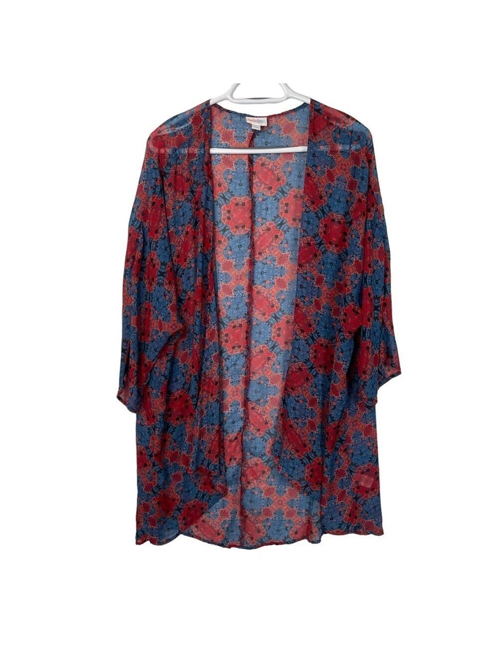 Lularoe Red Blue Floral Wrap Sweater Sheer Open Drape Duster Gypsy Size Large